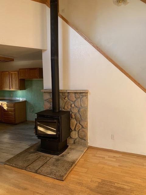 room details featuring hardwood / wood-style flooring and a wood stove