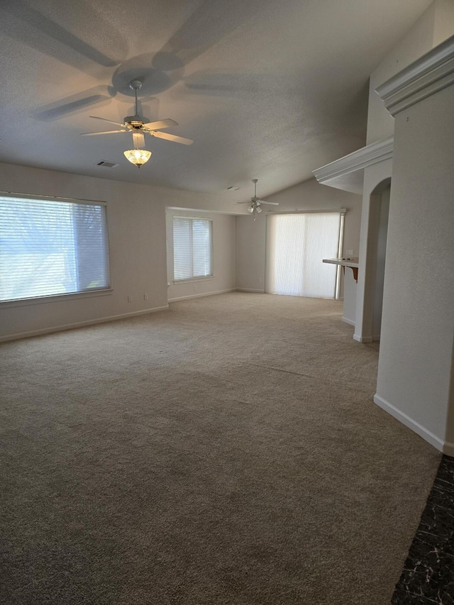 spare room featuring lofted ceiling, plenty of natural light, and carpet flooring