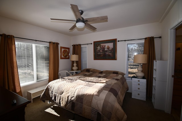 bedroom featuring ceiling fan, dark carpet, and multiple windows