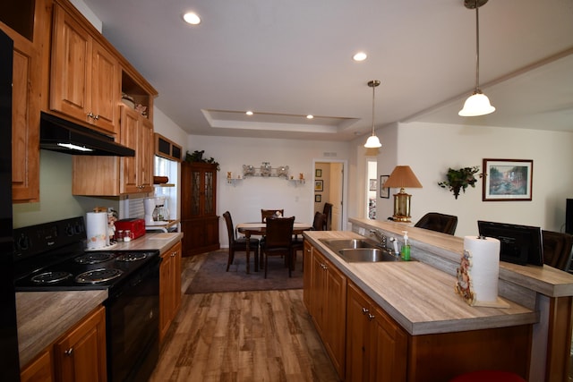 kitchen featuring sink, dark hardwood / wood-style flooring, hanging light fixtures, a tray ceiling, and black range with electric stovetop