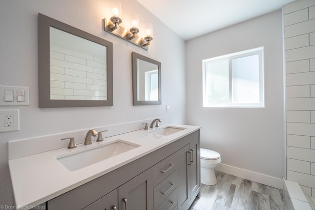 bathroom with hardwood / wood-style flooring, vanity, a shower, and toilet