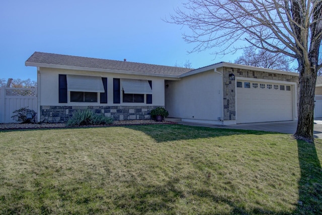 ranch-style house with a garage and a front yard