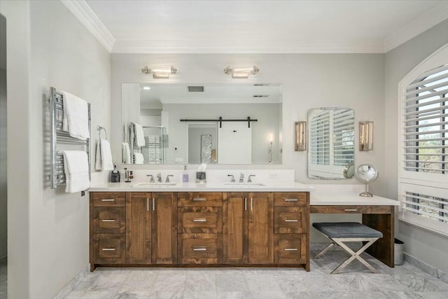 bathroom featuring crown molding, vanity, and walk in shower