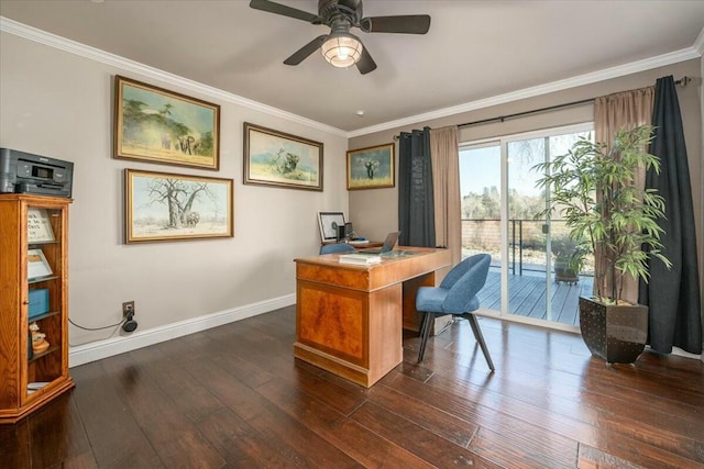 home office featuring dark wood-type flooring, ceiling fan, and ornamental molding