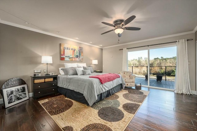 bedroom featuring ornamental molding, dark hardwood / wood-style floors, access to exterior, and ceiling fan