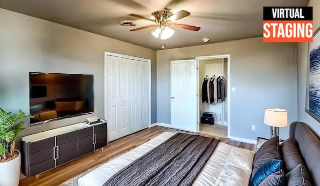 bedroom featuring a closet, ceiling fan, and light wood-type flooring