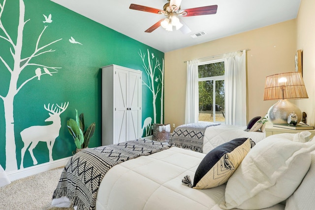 bedroom featuring carpet floors and ceiling fan