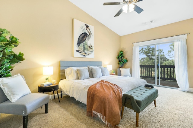 carpeted bedroom featuring ceiling fan, lofted ceiling, and access to exterior