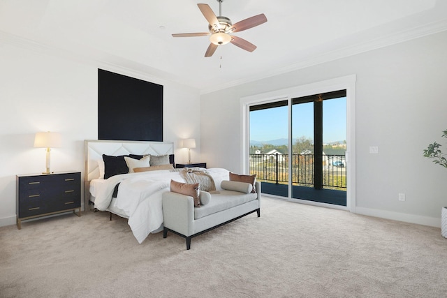 bedroom with ceiling fan, ornamental molding, access to exterior, and light carpet