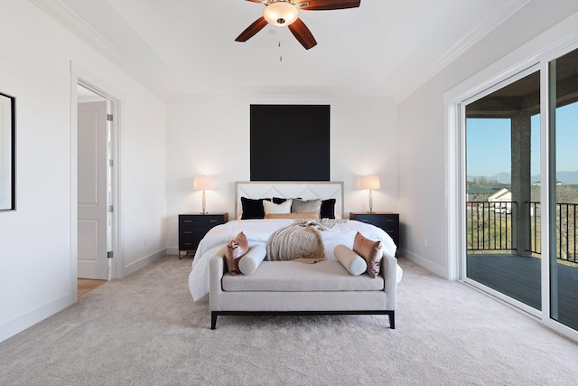 bedroom with light carpet, access to exterior, ornamental molding, and ceiling fan