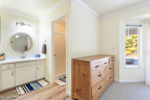 bathroom with ornamental molding, a healthy amount of sunlight, and vanity