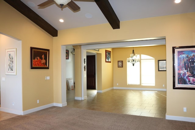 carpeted empty room featuring beamed ceiling and ceiling fan with notable chandelier