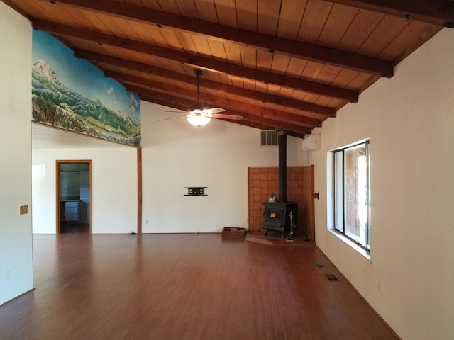 unfurnished living room with wood ceiling, a wood stove, visible vents, and lofted ceiling with beams