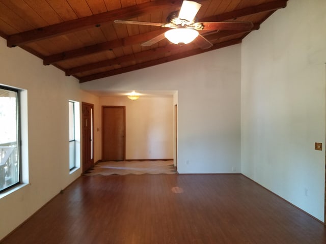 unfurnished room featuring vaulted ceiling with beams, dark wood-style flooring, and wood ceiling