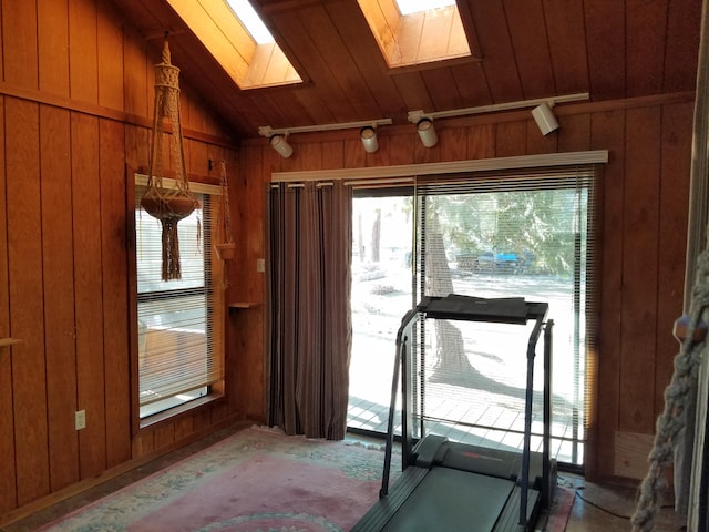 workout room featuring lofted ceiling with skylight and wooden walls