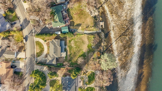 drone / aerial view featuring a water view