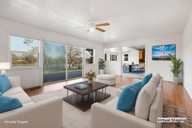 living room with a wealth of natural light, light hardwood / wood-style floors, and ceiling fan