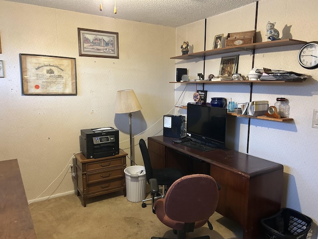 office area with light colored carpet and a textured ceiling