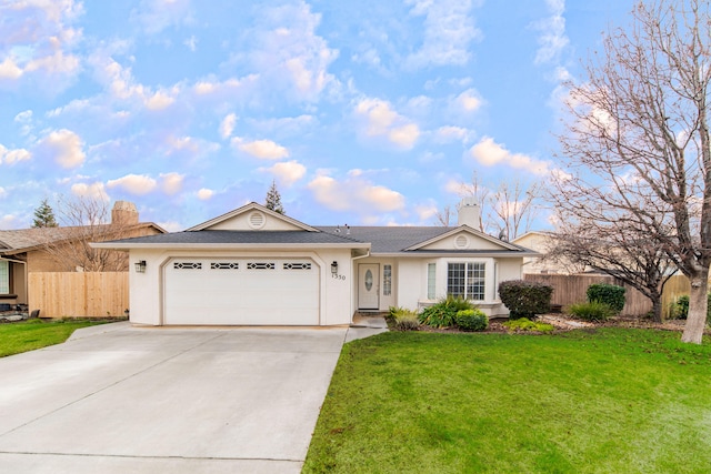 single story home featuring a front yard, fence, driveway, an attached garage, and stucco siding