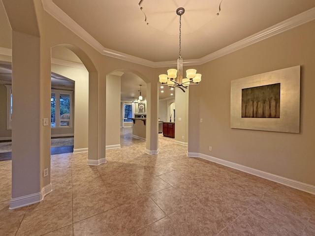 unfurnished dining area with crown molding, tile patterned floors, and a notable chandelier