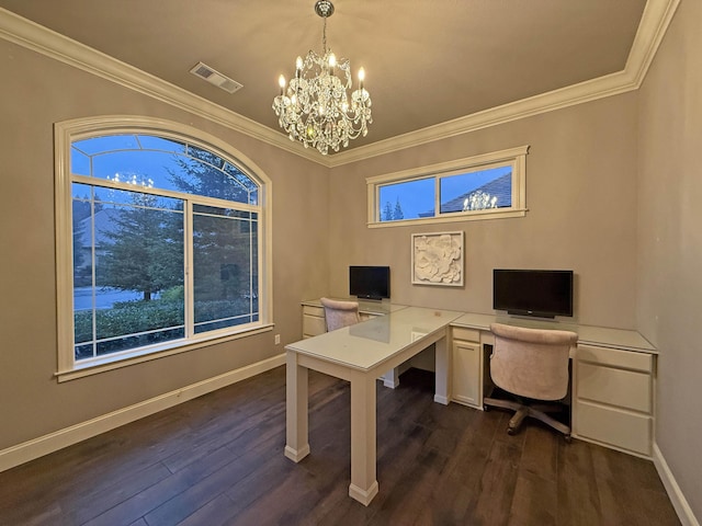 office with ornamental molding, dark hardwood / wood-style flooring, and a notable chandelier