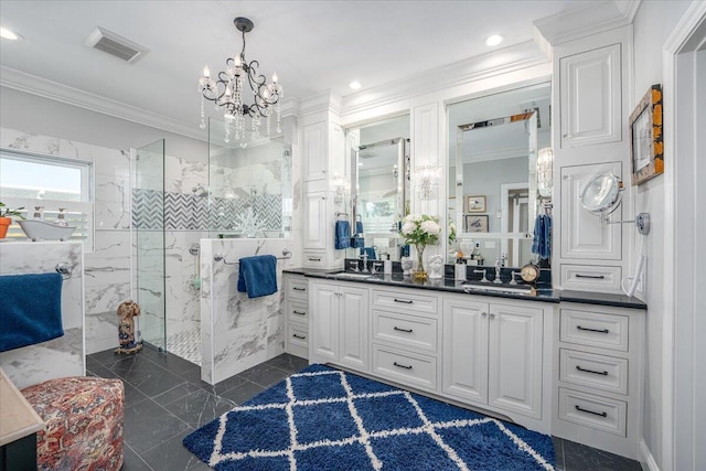 bathroom featuring ornamental molding, tiled shower, tile walls, and vanity