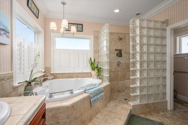 bathroom with crown molding, vanity, shower with separate bathtub, and a notable chandelier