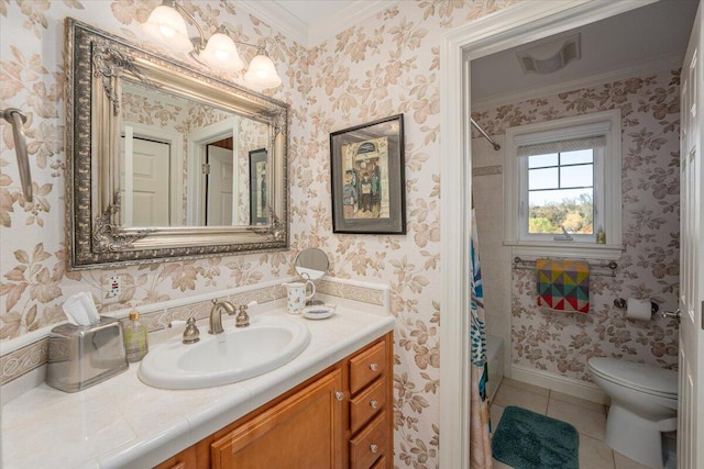 full bathroom featuring shower / tub combo with curtain, tile patterned floors, toilet, crown molding, and vanity