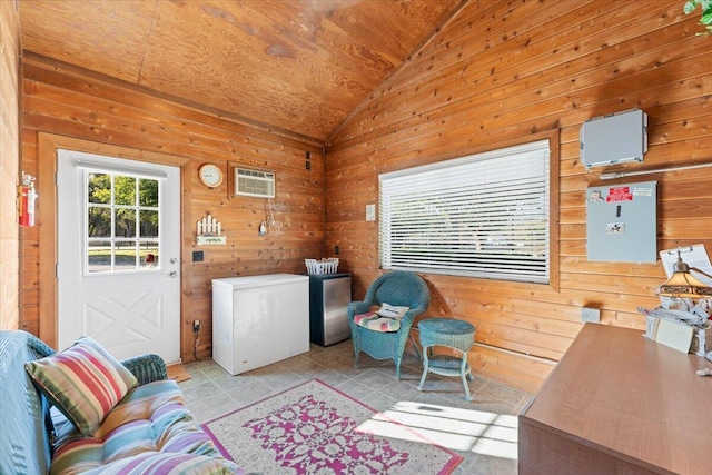 interior space with a wall mounted AC and wooden walls