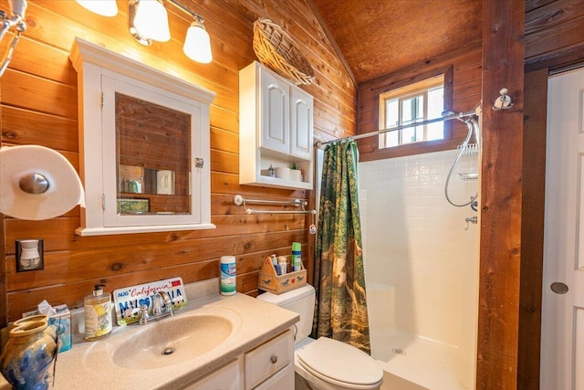 bathroom featuring toilet, vanity, wood walls, and a shower with shower curtain