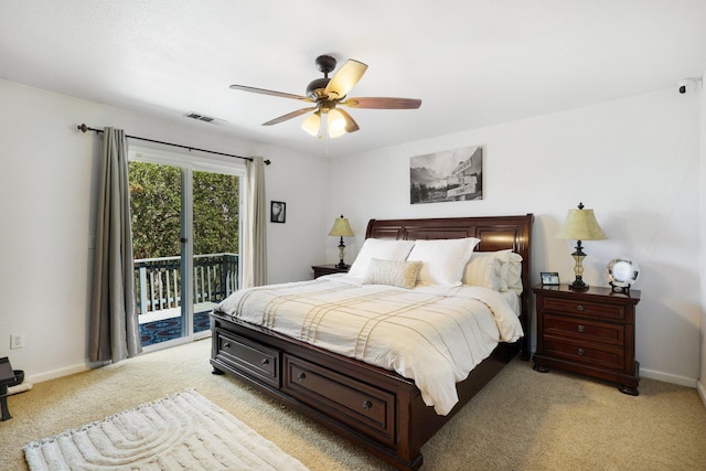 bedroom with light carpet, access to outside, and ceiling fan