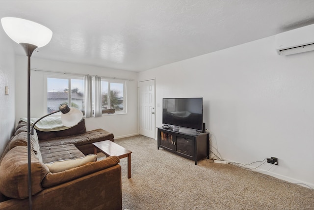 living room with light colored carpet and a wall mounted AC