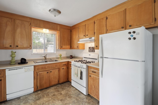2548 Saturn, Redding, CA 96002 - kitchen with white appliances, a sink, under cabinet range hood, light countertops, and brown cabinetry