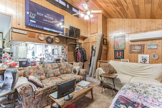 carpeted living room with a wall mounted air conditioner, high vaulted ceiling, wood walls, ceiling fan, and wooden ceiling