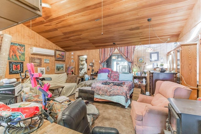 bedroom with lofted ceiling, carpet, wooden ceiling, an AC wall unit, and wood walls