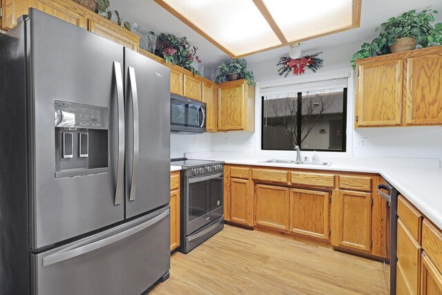 kitchen with sink, light hardwood / wood-style flooring, and stainless steel appliances