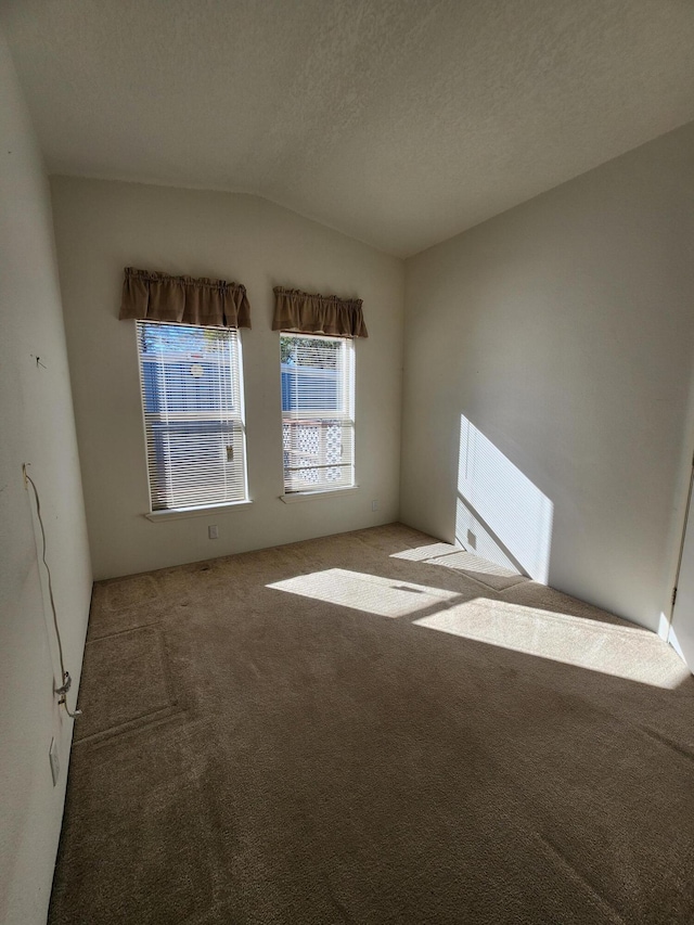 carpeted empty room featuring lofted ceiling and a textured ceiling