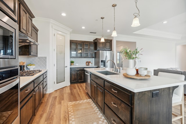 kitchen with sink, dark brown cabinets, a kitchen breakfast bar, an island with sink, and stainless steel appliances