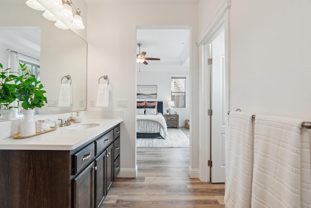 bathroom with hardwood / wood-style flooring, vanity, plenty of natural light, and ceiling fan