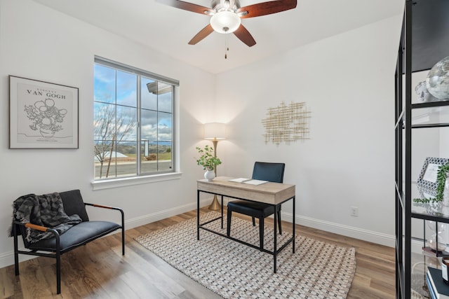 office with light hardwood / wood-style floors and ceiling fan