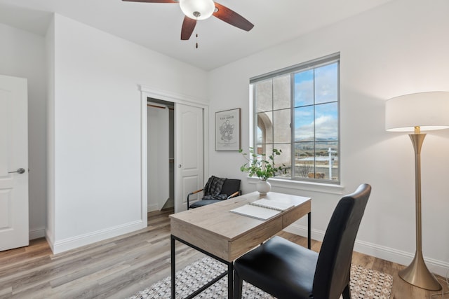 office area with ceiling fan and light wood-type flooring