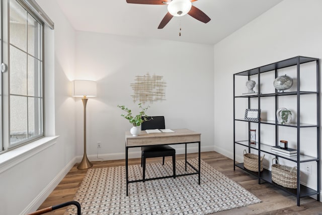 office area featuring hardwood / wood-style flooring and ceiling fan