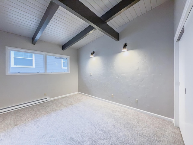 spare room featuring carpet floors, beam ceiling, and baseboard heating