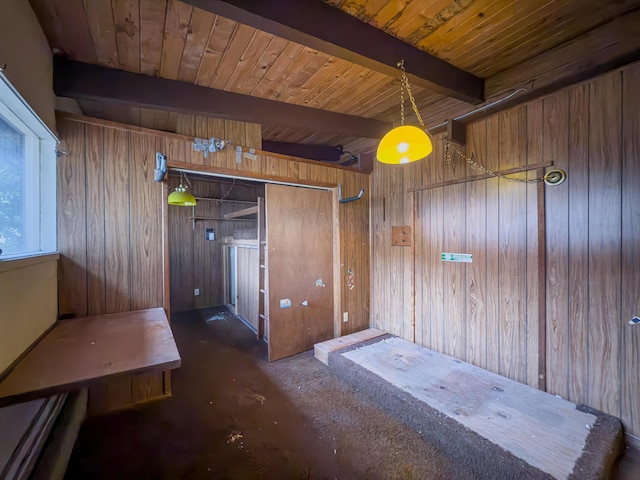 interior space featuring wood ceiling, beam ceiling, and wood walls