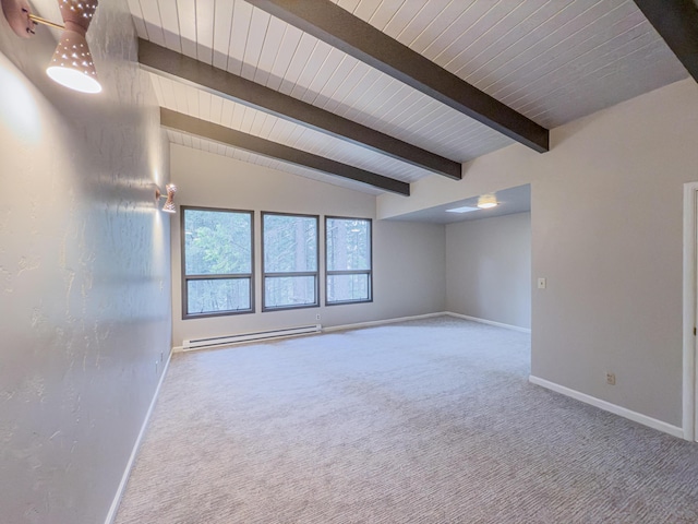 carpeted empty room with a baseboard heating unit, vaulted ceiling with beams, and wooden ceiling