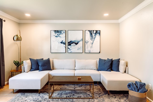 living area with crown molding, wood finished floors, and recessed lighting