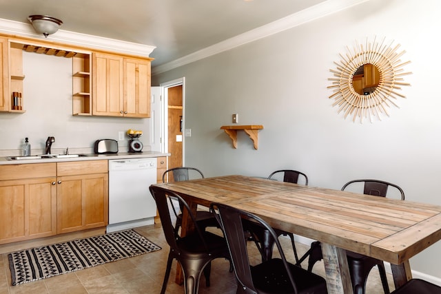 kitchen with light countertops, open shelves, white dishwasher, and a sink