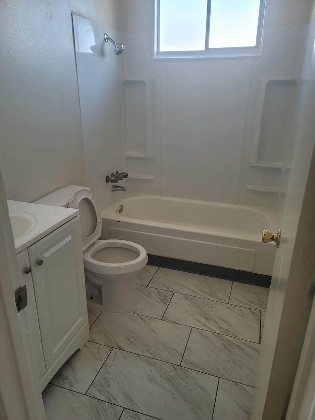 full bathroom with shower / tub combination, vanity, and toilet