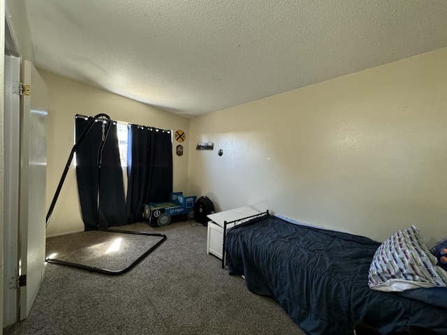 carpeted bedroom with a textured ceiling