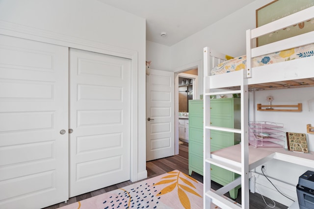 bedroom featuring dark wood-type flooring and a closet